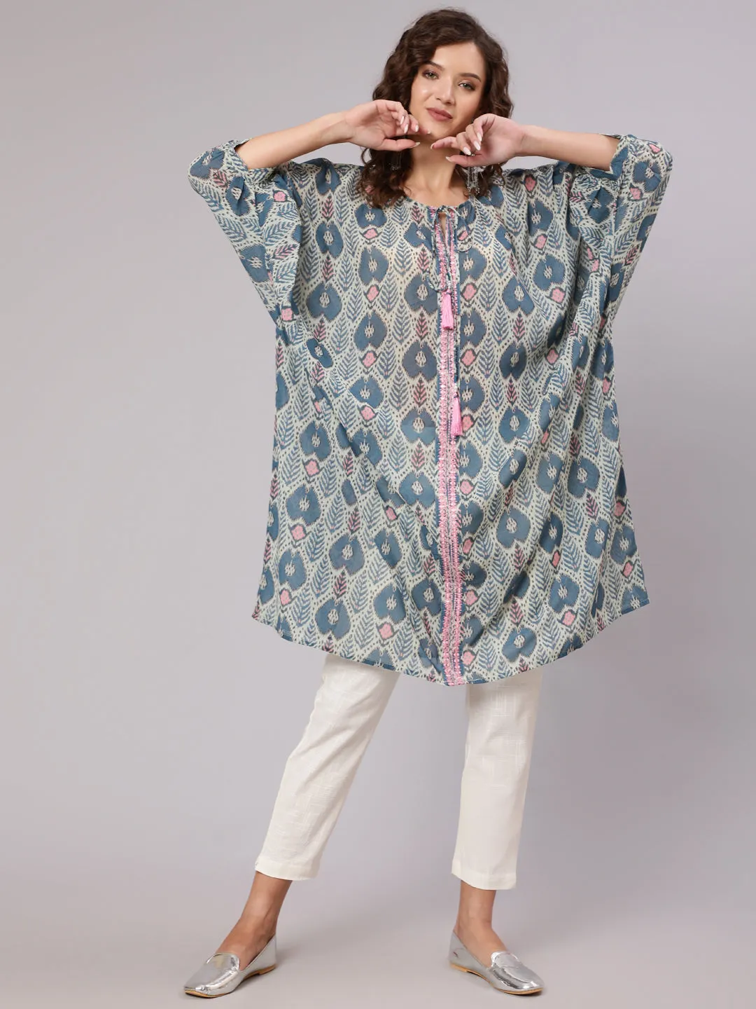 Multi Color Mirror Work Embroidered Georgette Kaftan With Tassels And Slip, Cotton White Regular Fit Trousers