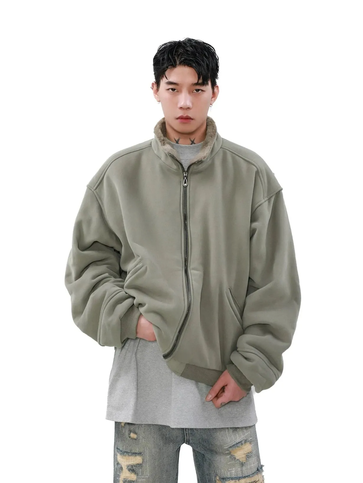 Oversized Fleece Lined Bomber Jacket with Pockets
