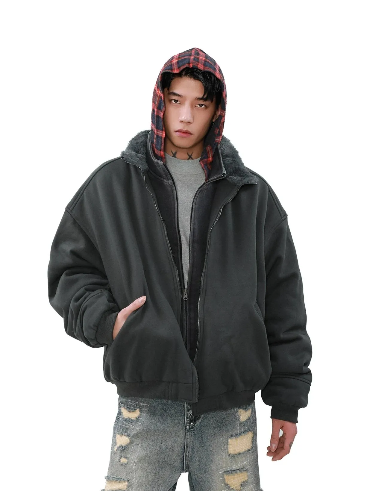 Oversized Fleece Lined Bomber Jacket with Pockets