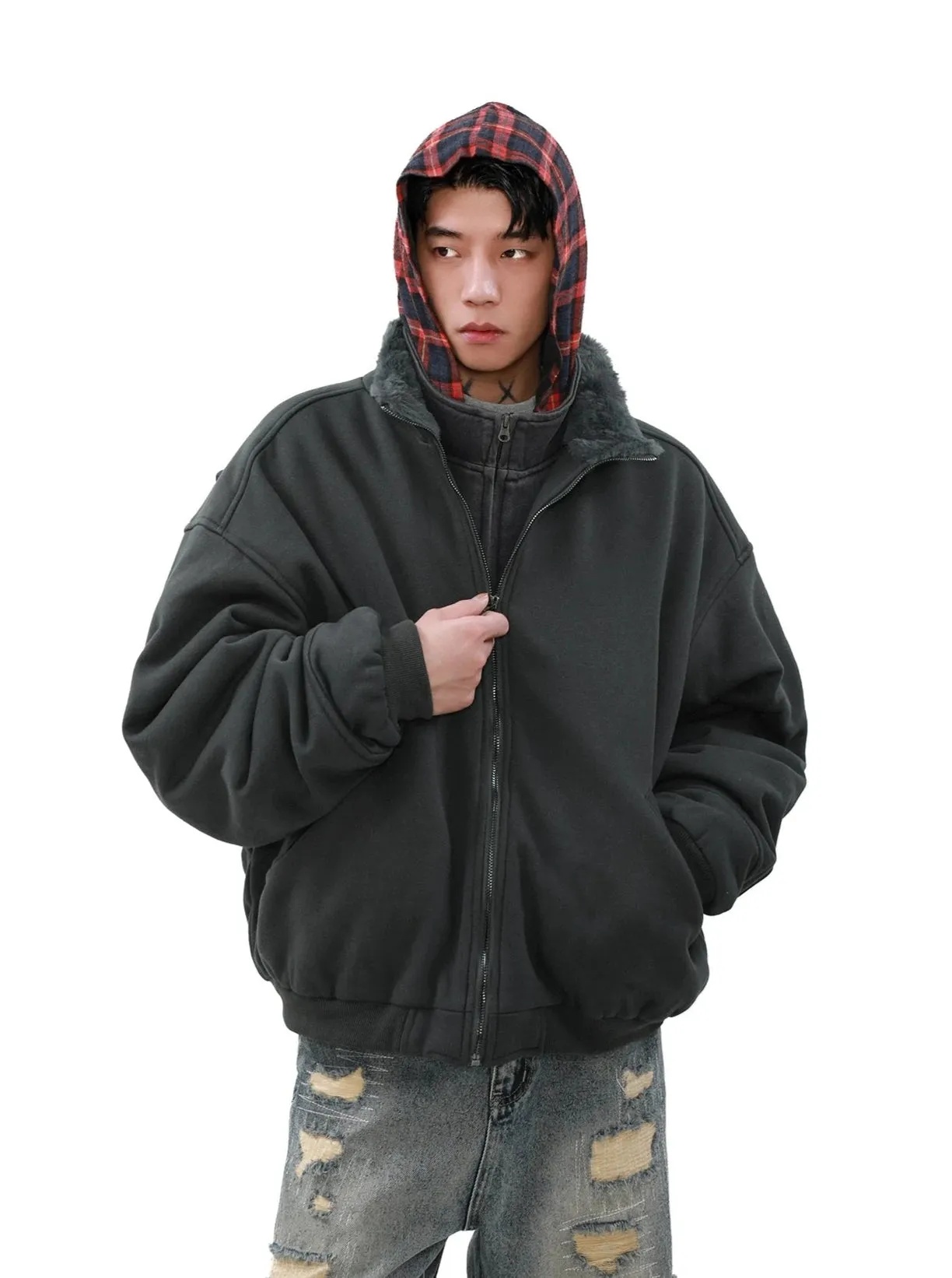 Oversized Fleece Lined Bomber Jacket with Pockets