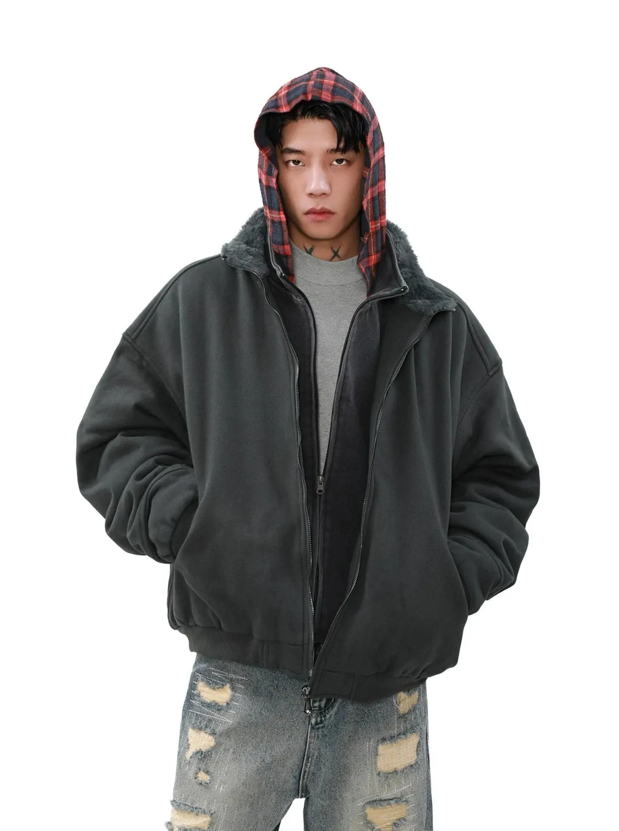 Oversized Fleece Lined Bomber Jacket with Pockets