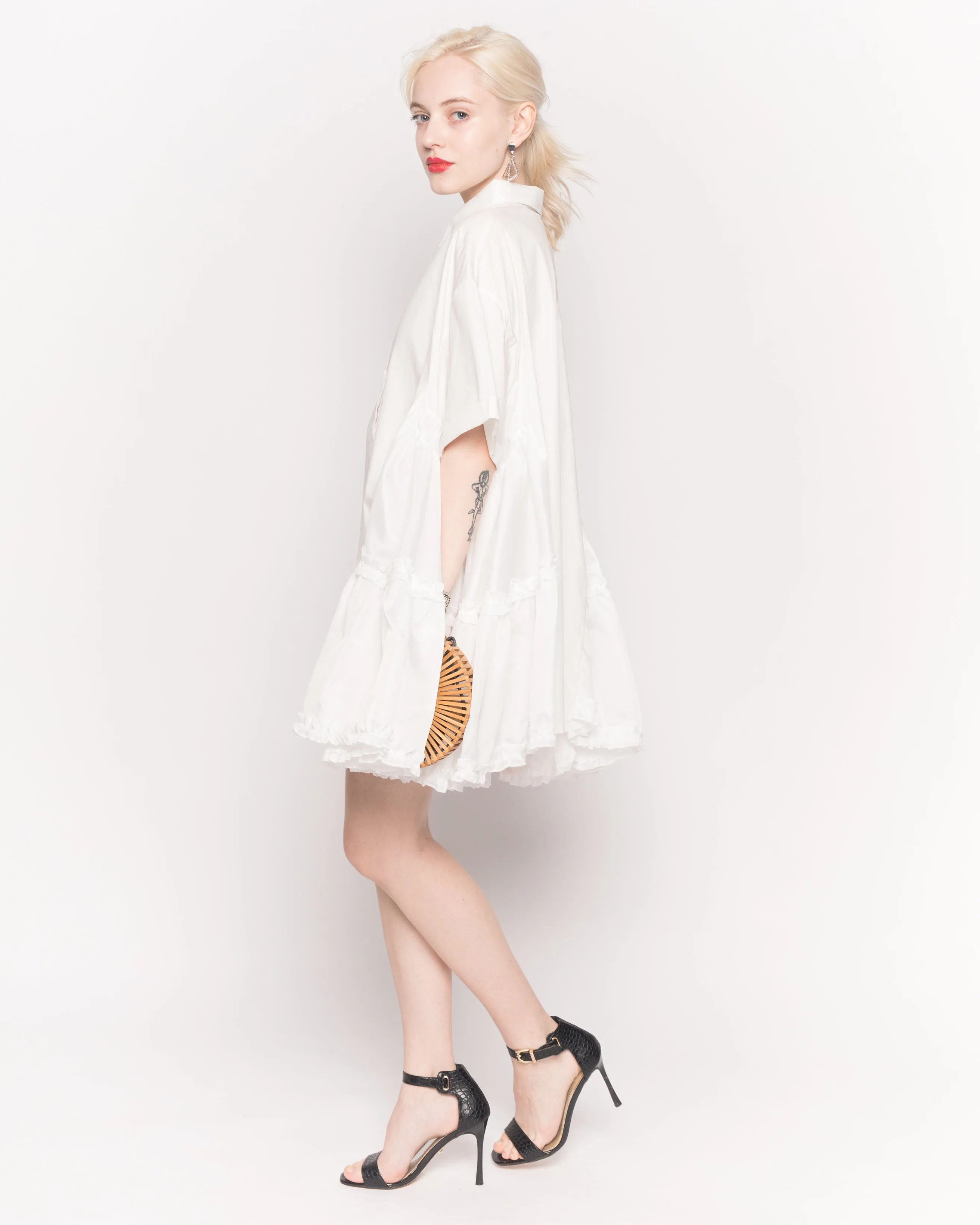 Oversized Short Sleeve Shirt with Frill Detail on Sides in White