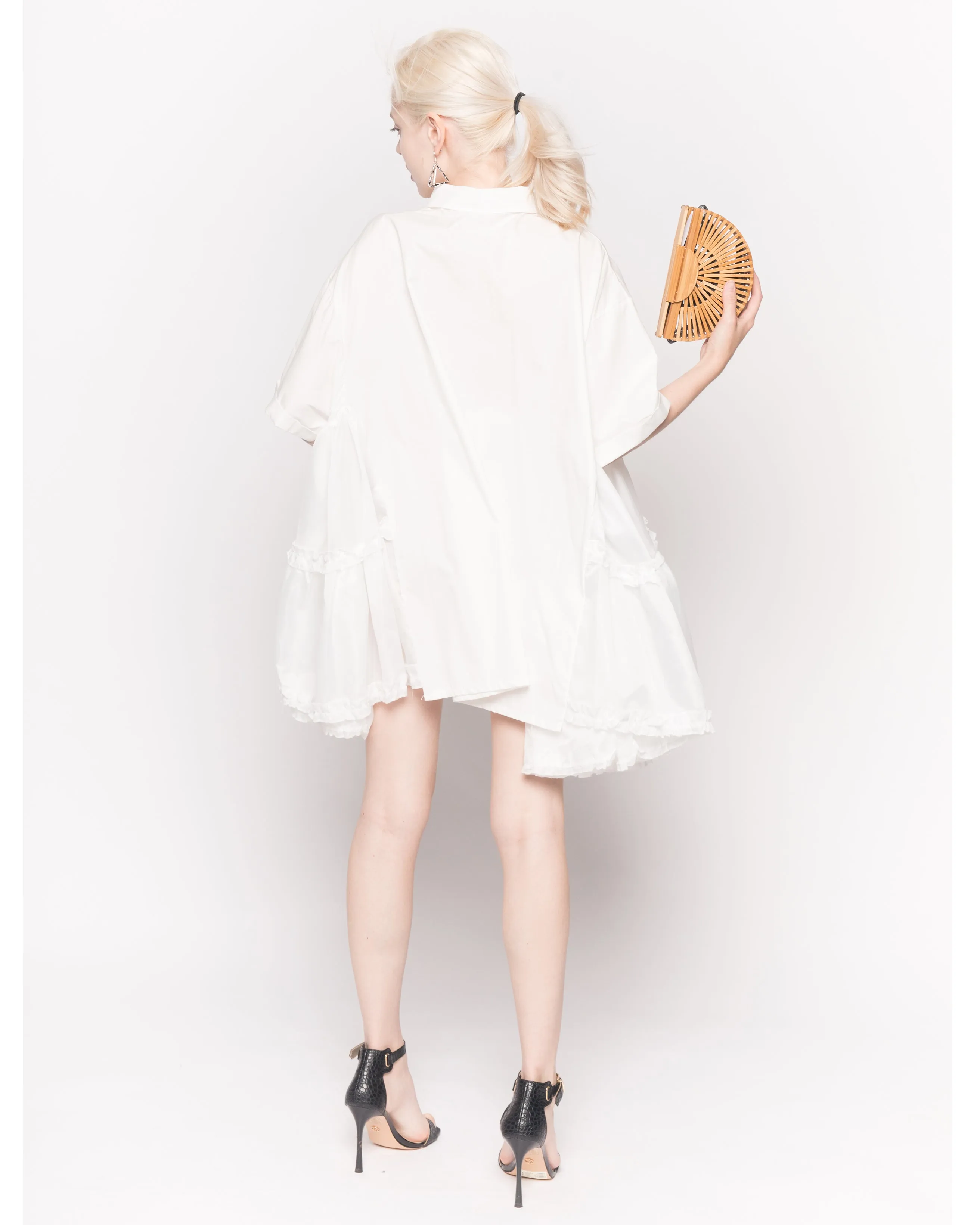 Oversized Short Sleeve Shirt with Frill Detail on Sides in White