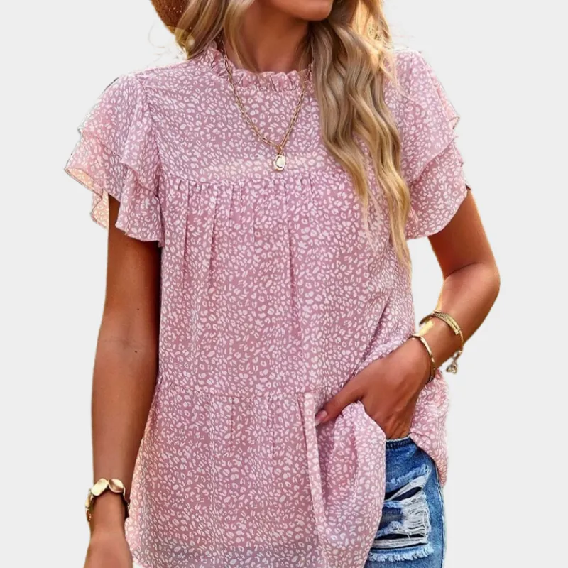 Pink Floral Blouse with Ruffle Short Sleeve