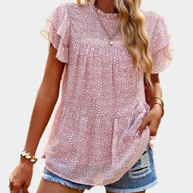 Pink Floral Blouse with Ruffle Short Sleeve