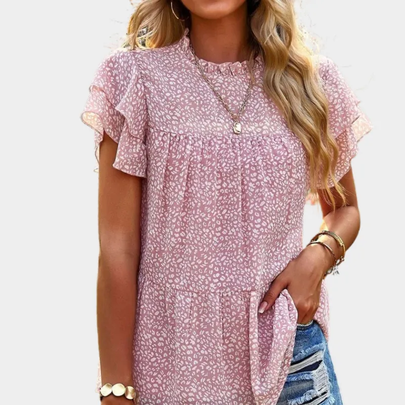 Pink Floral Blouse with Ruffle Short Sleeve