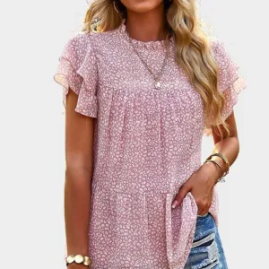 Pink Floral Blouse with Ruffle Short Sleeve