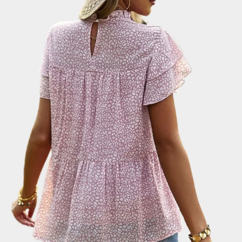 Pink Floral Blouse with Ruffle Short Sleeve