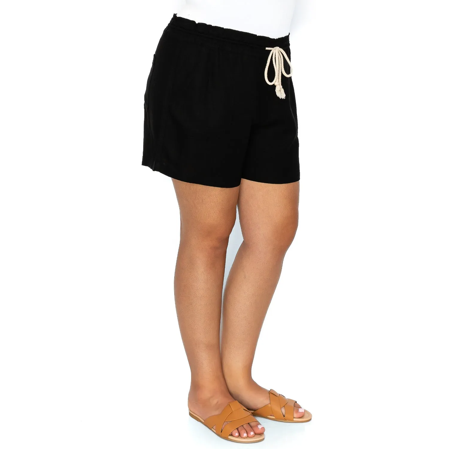 [Plus Size] Drawstring Linen Shorts - Black