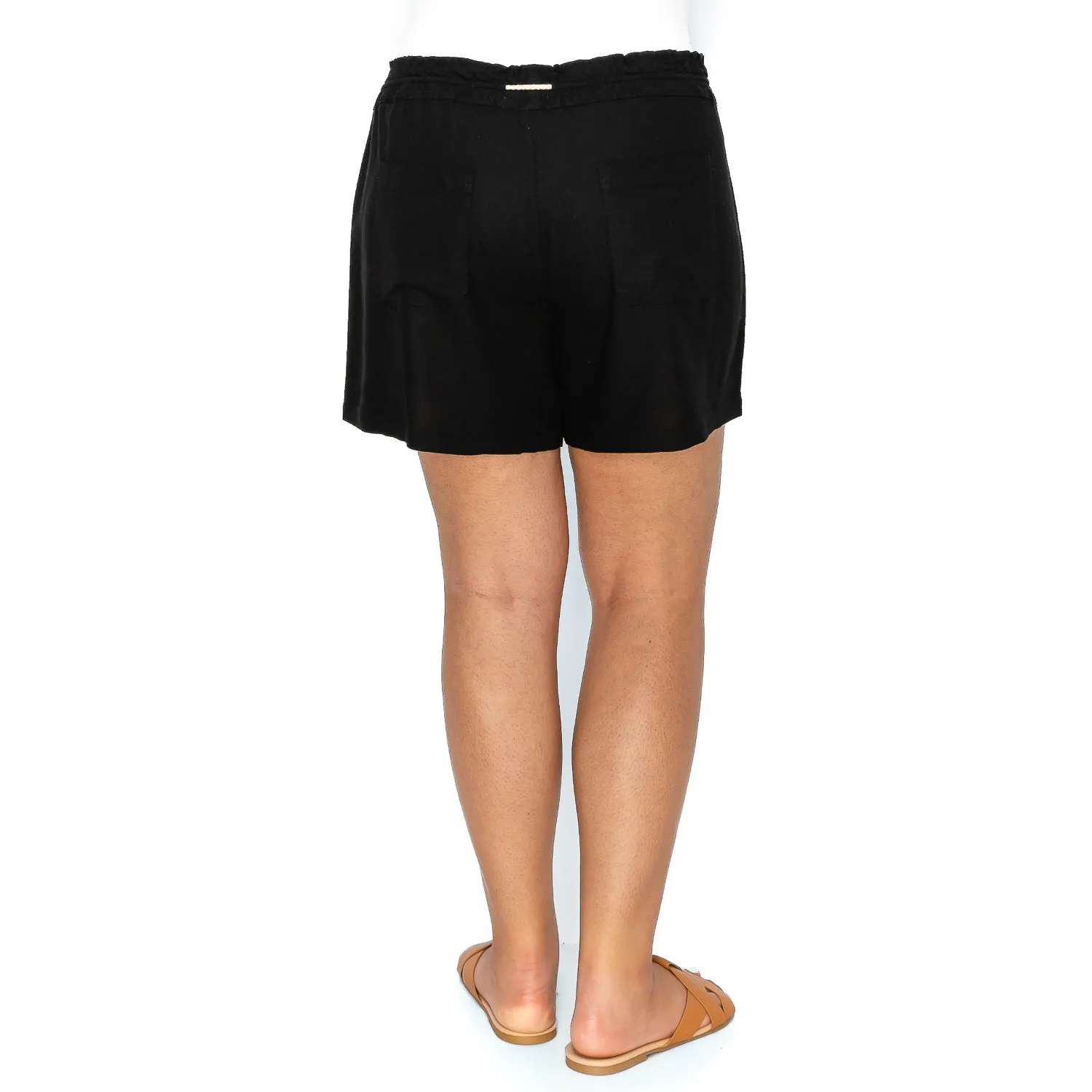 [Plus Size] Drawstring Linen Shorts - Black