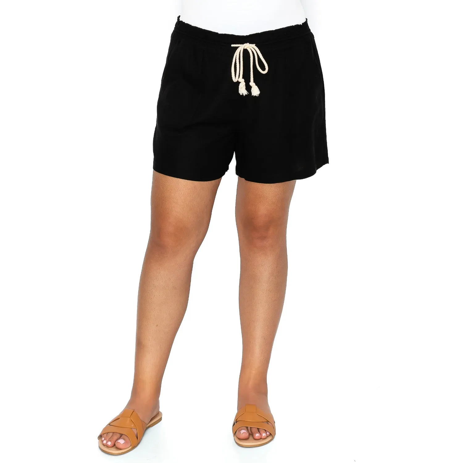 [Plus Size] Drawstring Linen Shorts - Black