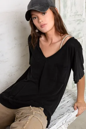 POL Black V-Neck Short Sleeve Slub Knit T-Shirt