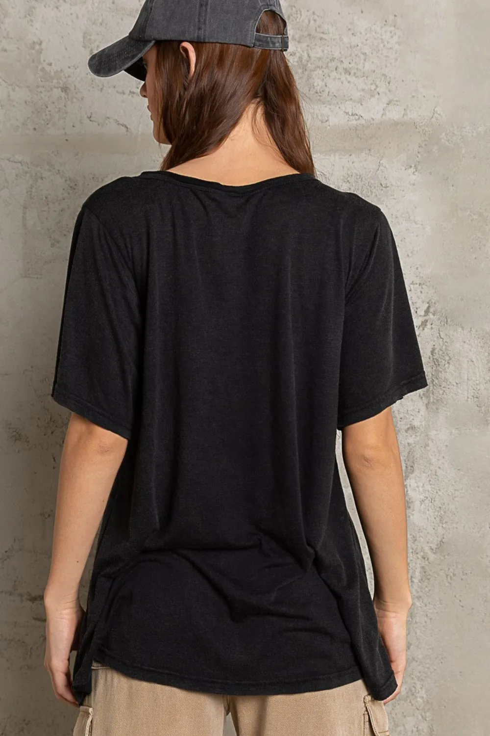 POL Black V-Neck Short Sleeve Slub Knit T-Shirt