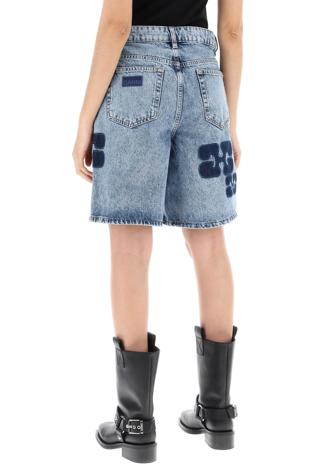 "denim logo printed bermuda