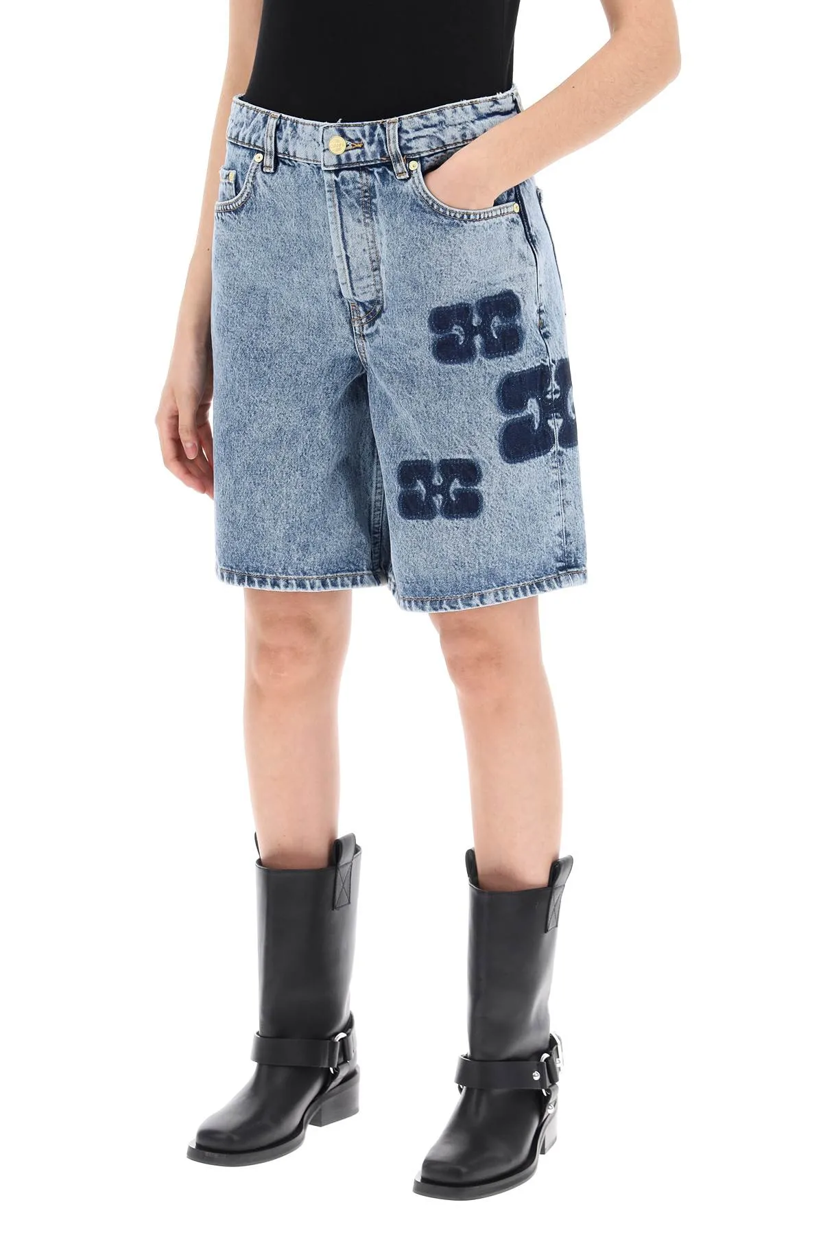 "denim logo printed bermuda