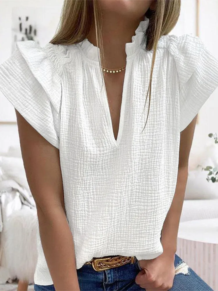 Raglan Sleeve V-Neck Leisure Loose Pleated Blouse