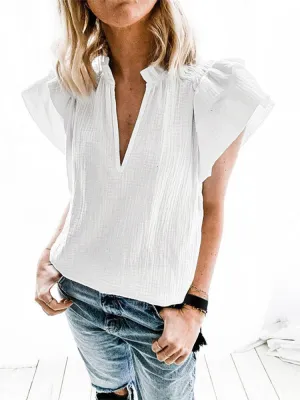 Raglan Sleeve V-Neck Leisure Loose Pleated Blouse
