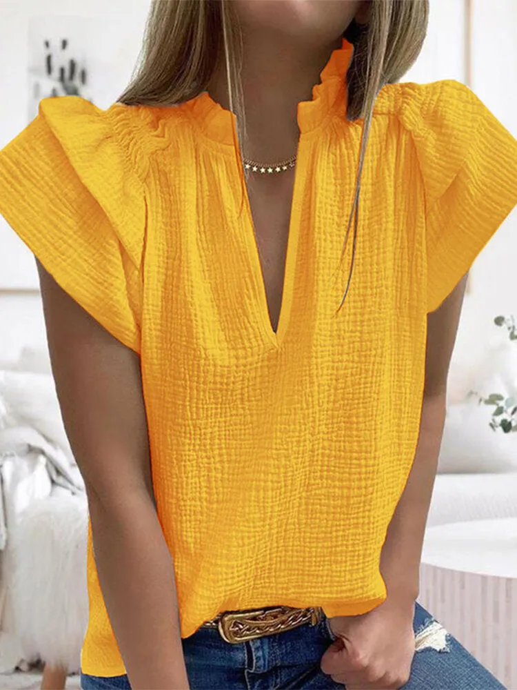 Raglan Sleeve V-Neck Leisure Loose Pleated Blouse