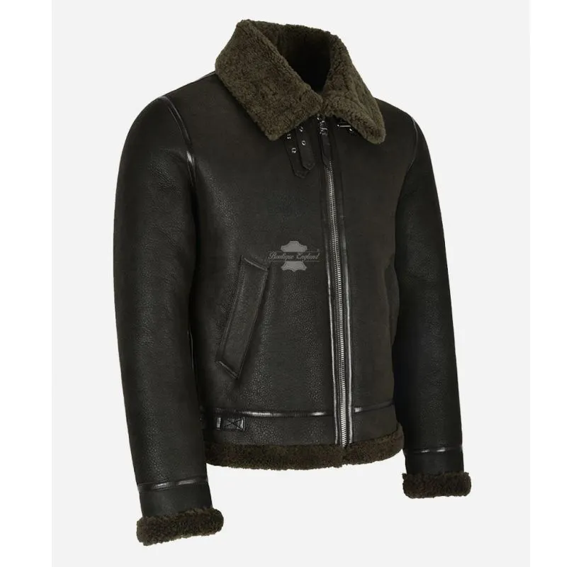 REAGAN B3 SHEEPSKIN JACKET MEN'S OLIVE SHEARLING FUR AVIATOR JACKET