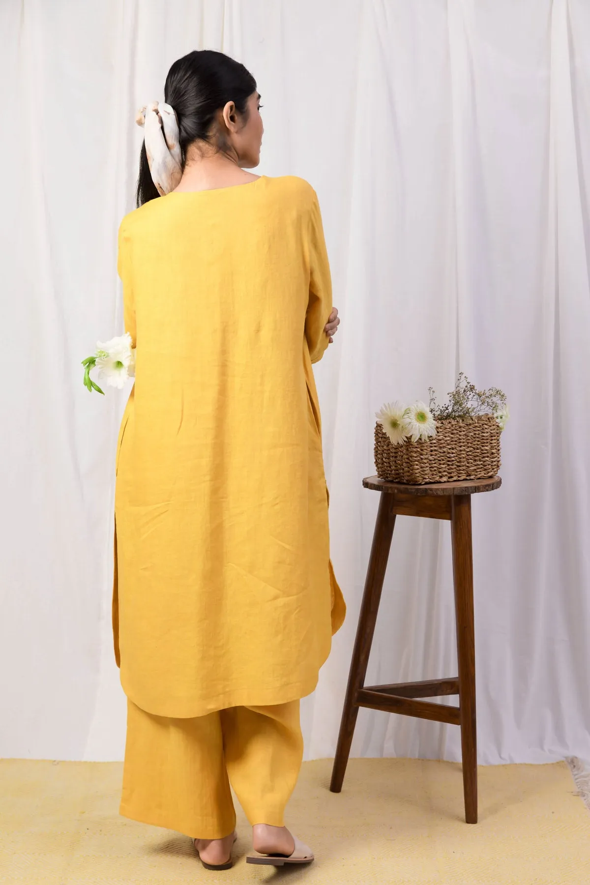 Rhea Linen Kurta and Pants Set - Yellow