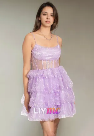 Scoop Sleeveless Sheer Tiered Tulle A-Line Short Homecoming Dress