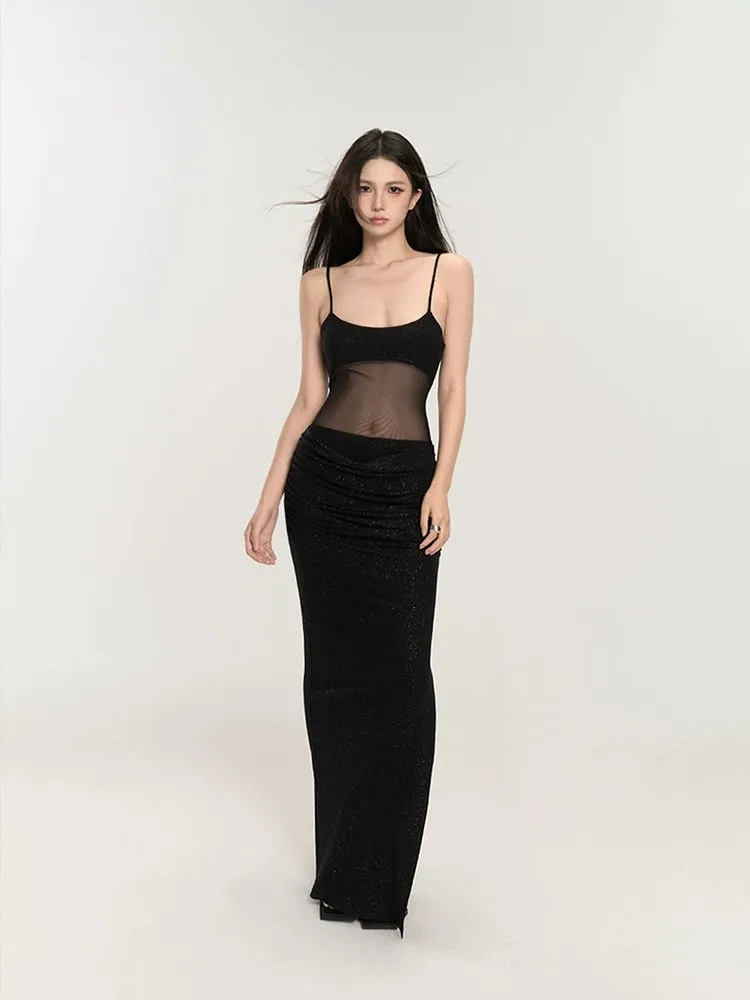 Sequin Mesh Bodice Sleeveless Maxi Dress