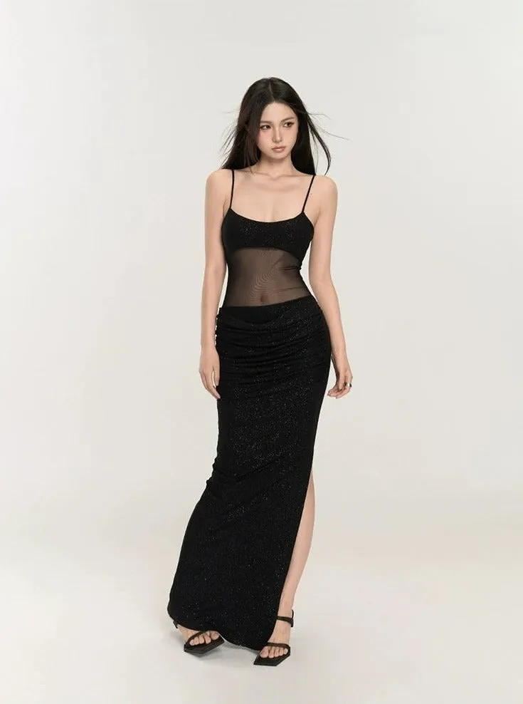 Sequin Mesh Bodice Sleeveless Maxi Dress