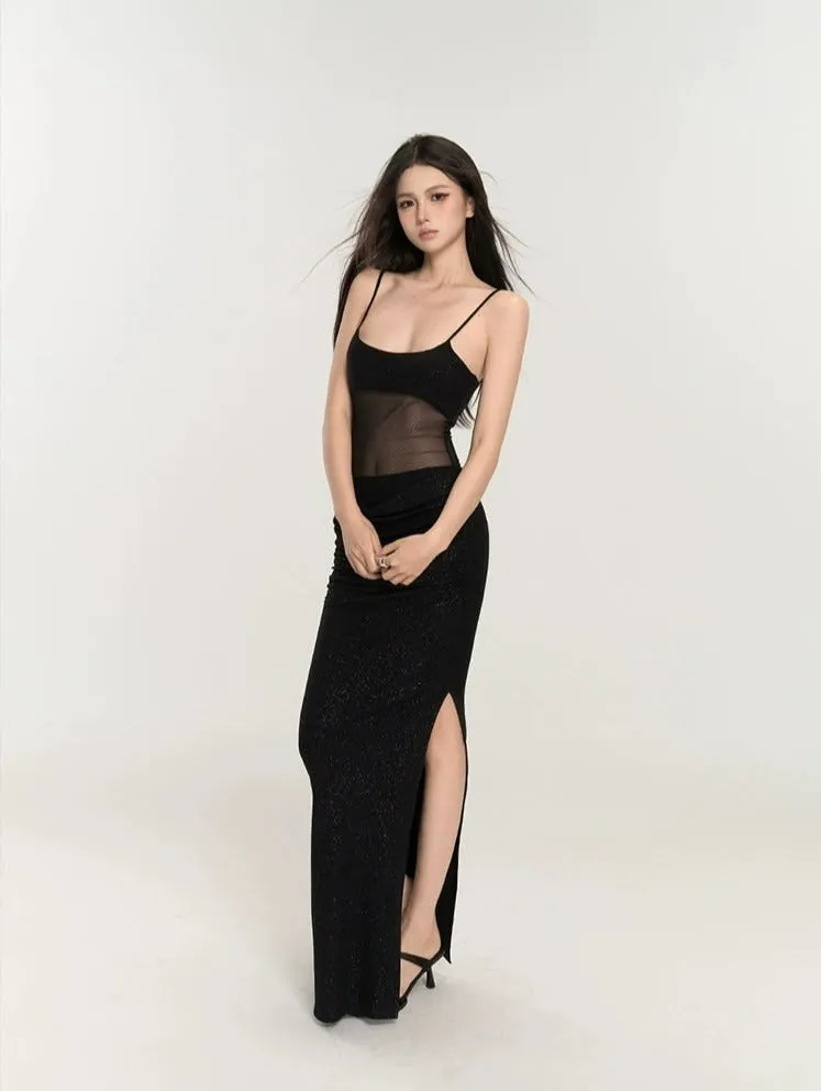 Sequin Mesh Bodice Sleeveless Maxi Dress