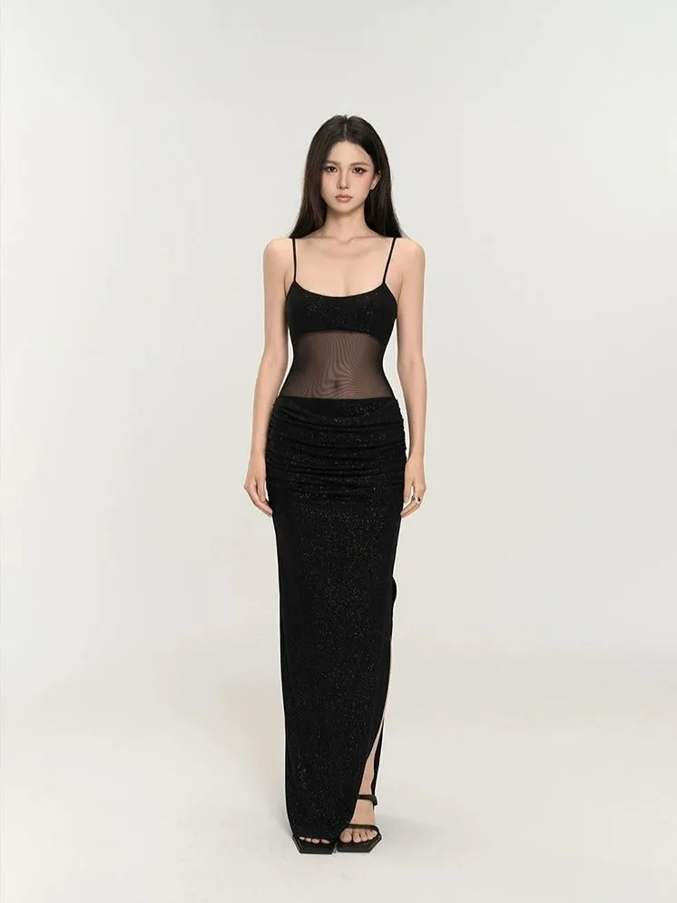 Sequin Mesh Bodice Sleeveless Maxi Dress