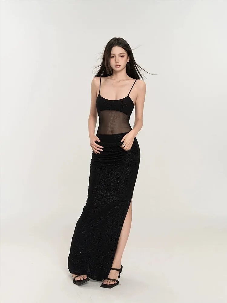 Sequin Mesh Bodice Sleeveless Maxi Dress
