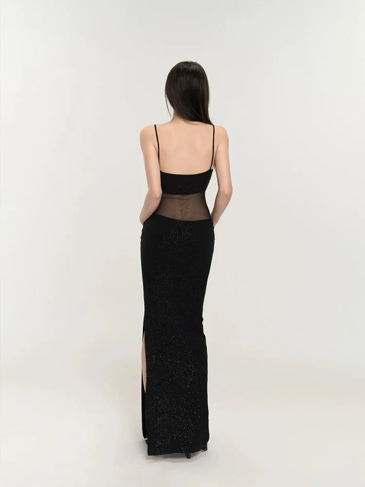 Sequin Mesh Bodice Sleeveless Maxi Dress