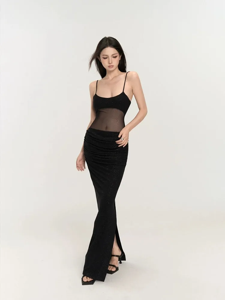 Sequin Mesh Bodice Sleeveless Maxi Dress