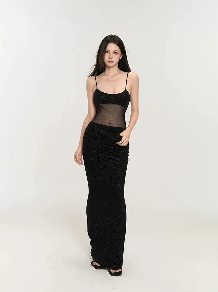 Sequin Mesh Bodice Sleeveless Maxi Dress
