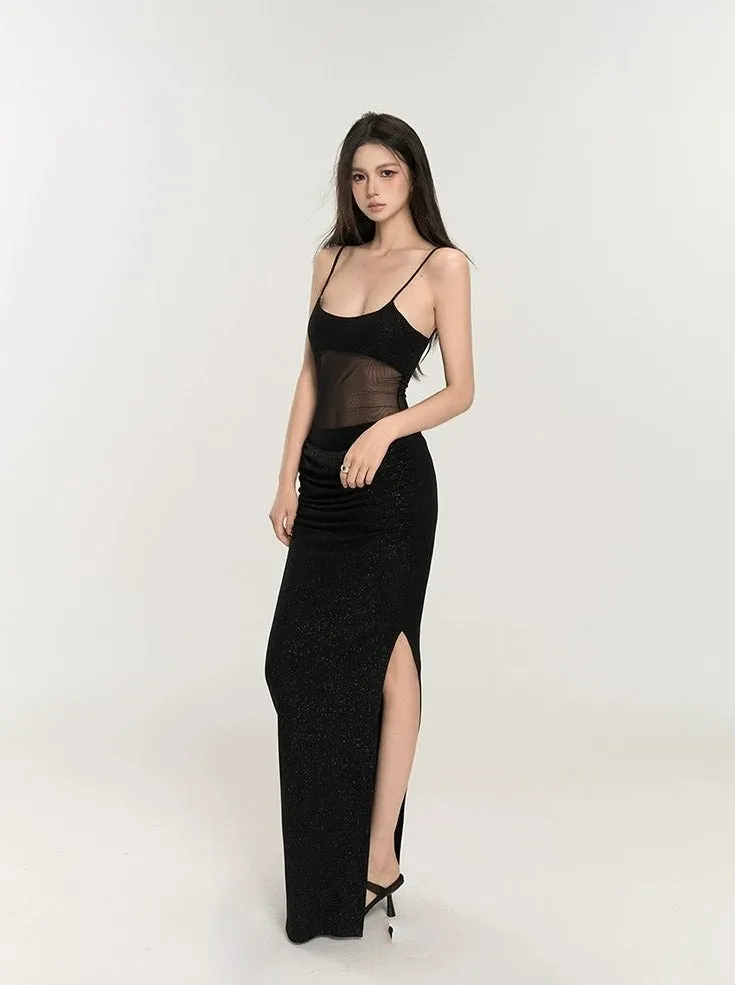 Sequin Mesh Bodice Sleeveless Maxi Dress