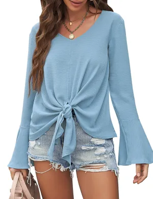 Sky Blue V-Neck Trumpet Sleeves Tie-Front Blouse