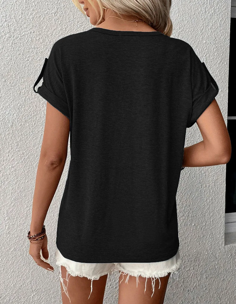 Solid-color V Neck Short Sleeve Bat Sleeve Loose T-shirt