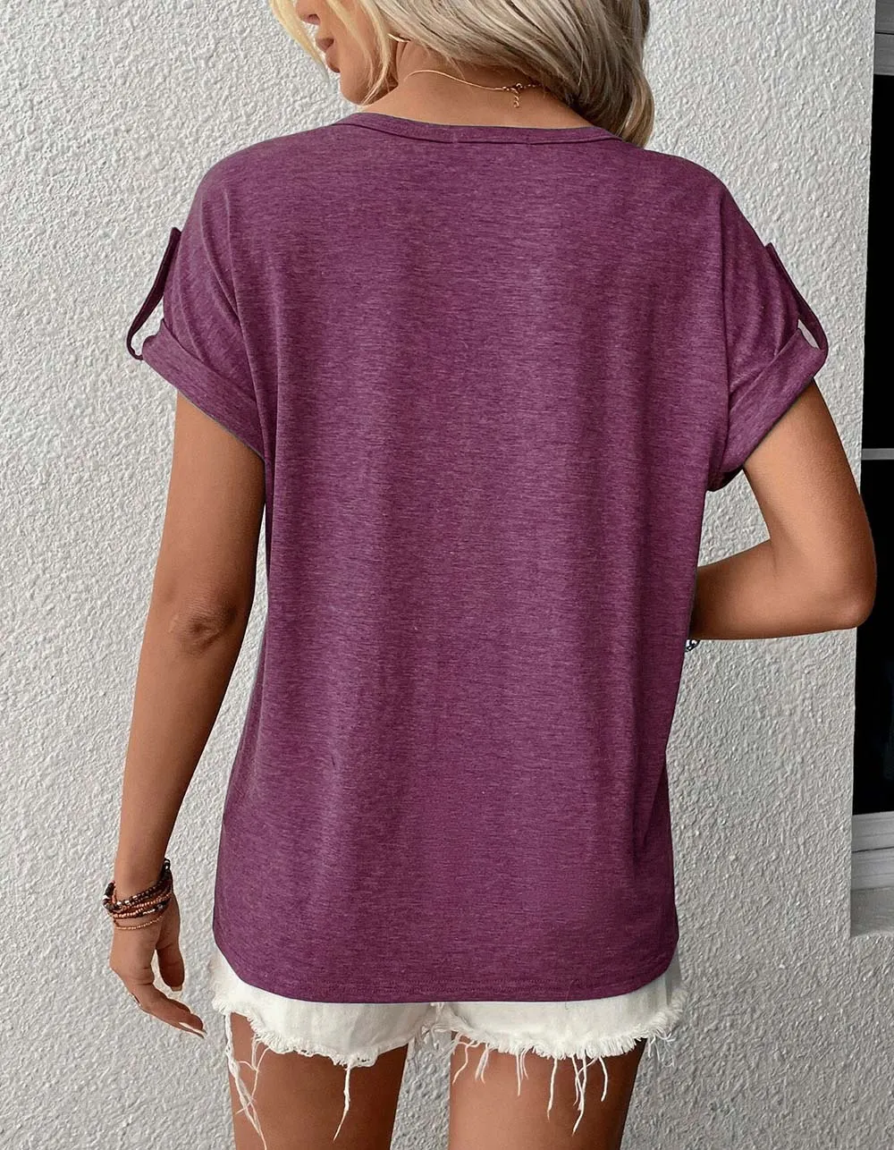 Solid-color V Neck Short Sleeve Bat Sleeve Loose T-shirt
