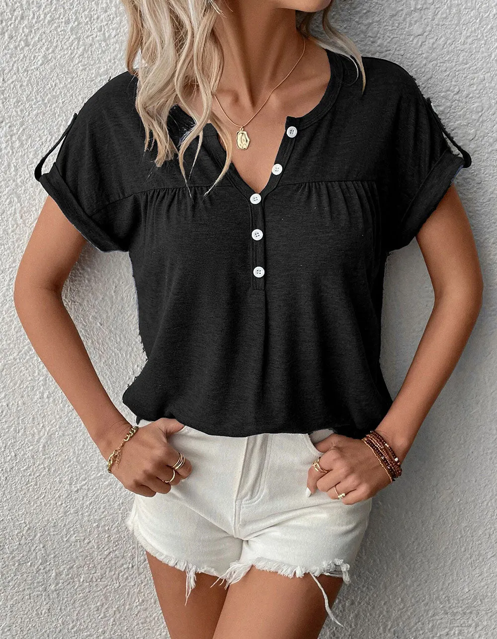 Solid-color V Neck Short Sleeve Bat Sleeve Loose T-shirt