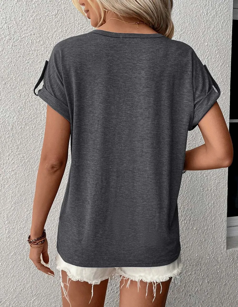 Solid-color V Neck Short Sleeve Bat Sleeve Loose T-shirt