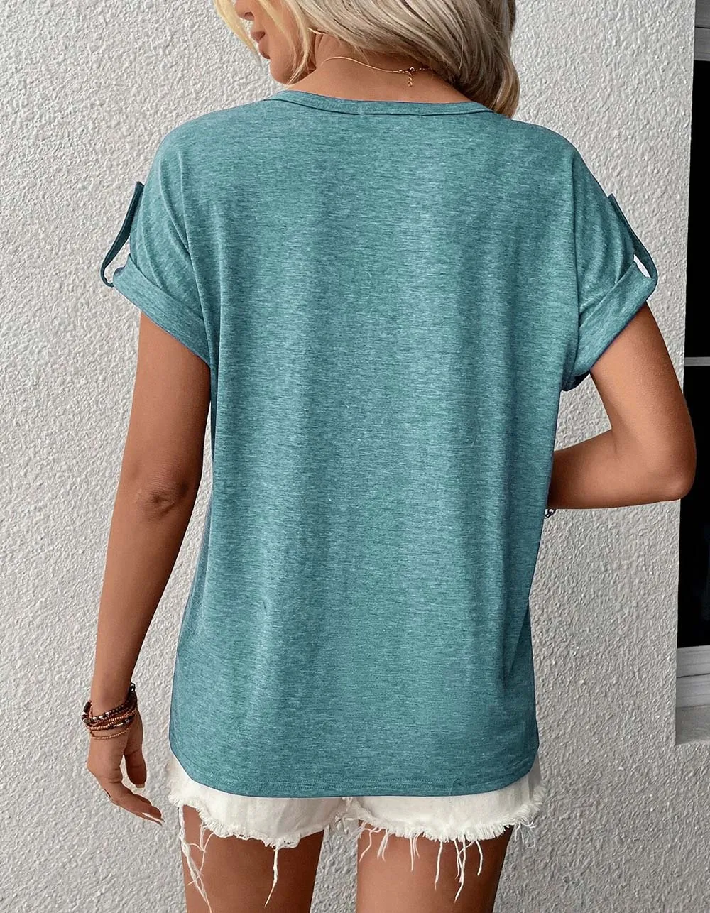 Solid-color V Neck Short Sleeve Bat Sleeve Loose T-shirt