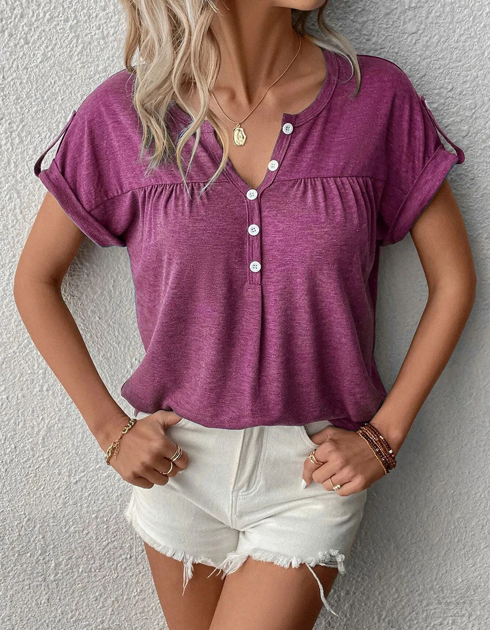 Solid-color V Neck Short Sleeve Bat Sleeve Loose T-shirt