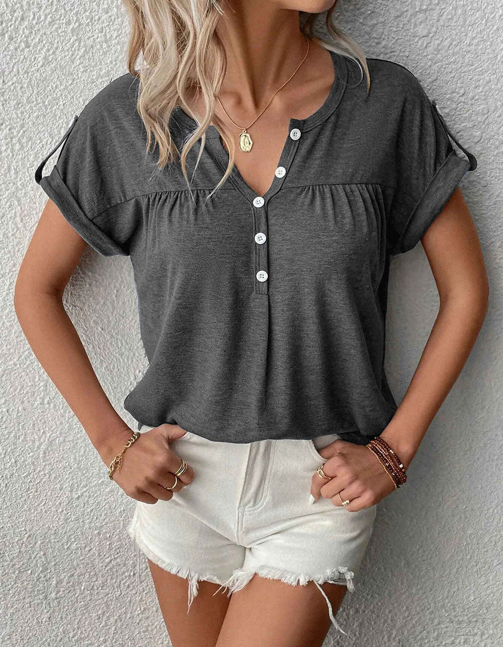 Solid-color V Neck Short Sleeve Bat Sleeve Loose T-shirt