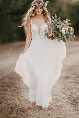 Straps  V-Neck A-Line Chiffon Long Wedding Dresses with Appliques TD0002