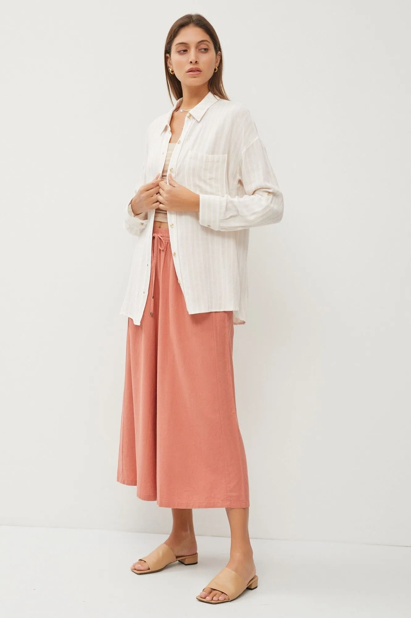 Striped Roll up Sleeve Button Down Linen Shirt