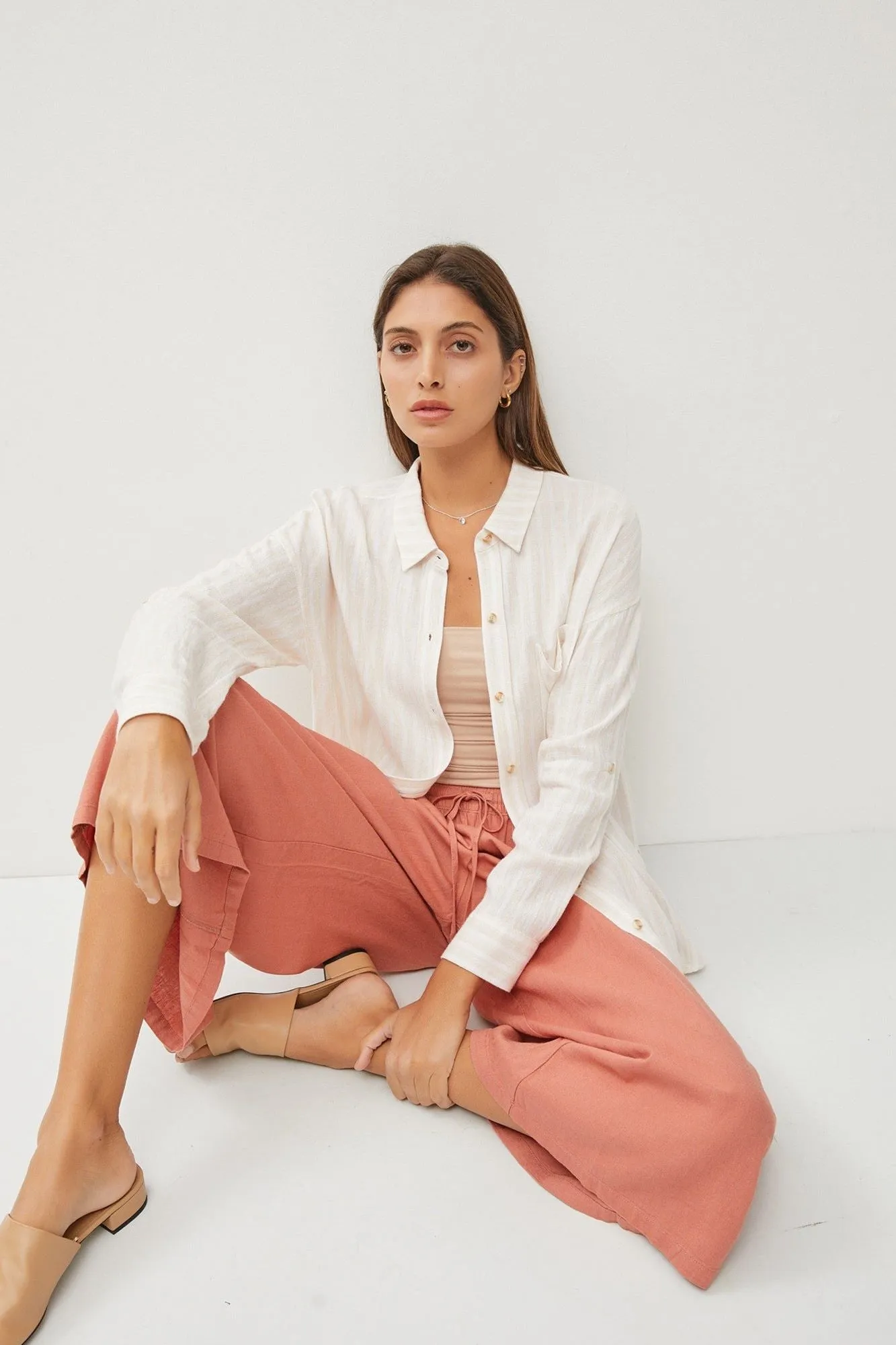 Striped Roll up Sleeve Button Down Linen Shirt