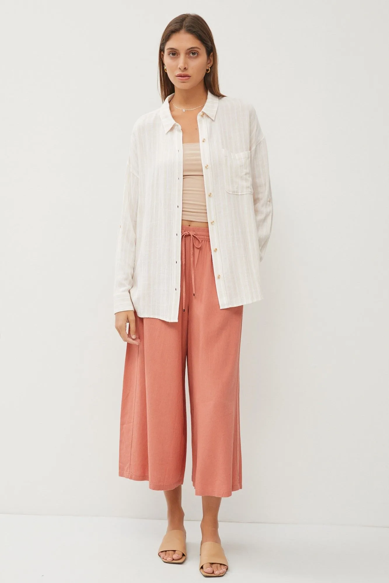 Striped Roll up Sleeve Button Down Linen Shirt
