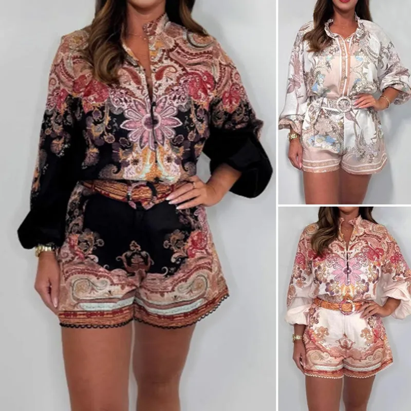 Summer Hot Sale-49% OffFashion Prints Button Up Shirt Top & Belted Shorts Two Piece Set