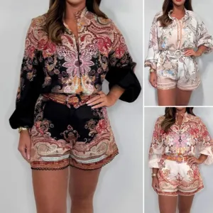 Summer Hot Sale-49% OffFashion Prints Button Up Shirt Top & Belted Shorts Two Piece Set