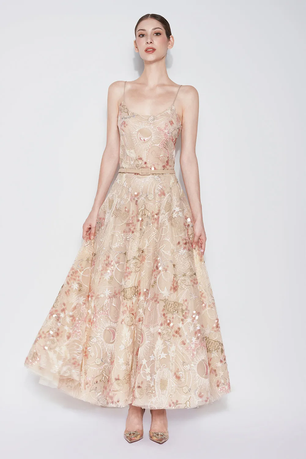 Tidal Whisper A-line Spaghetti Strap Embroidered Lace Maxi Dress