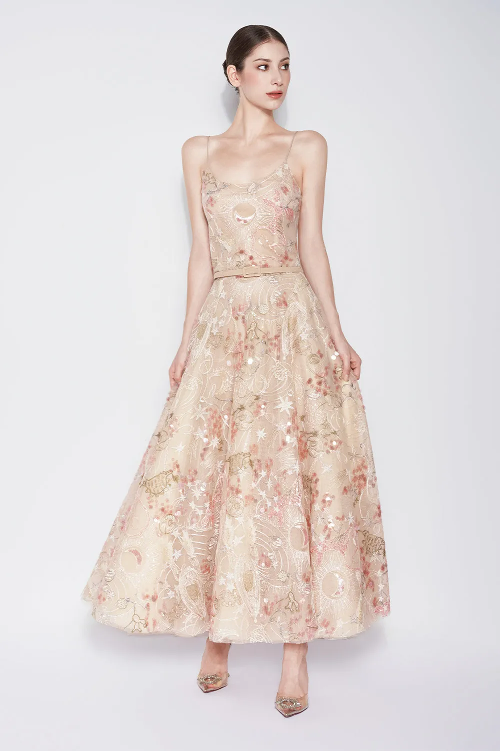 Tidal Whisper A-line Spaghetti Strap Embroidered Lace Maxi Dress